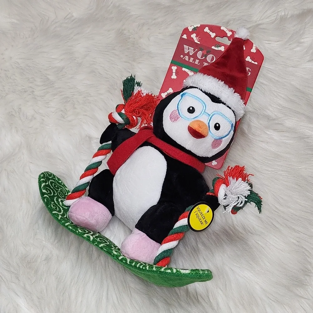 Christmas Penguin On Snowboard Squeaker Dog Toy New With Tags
